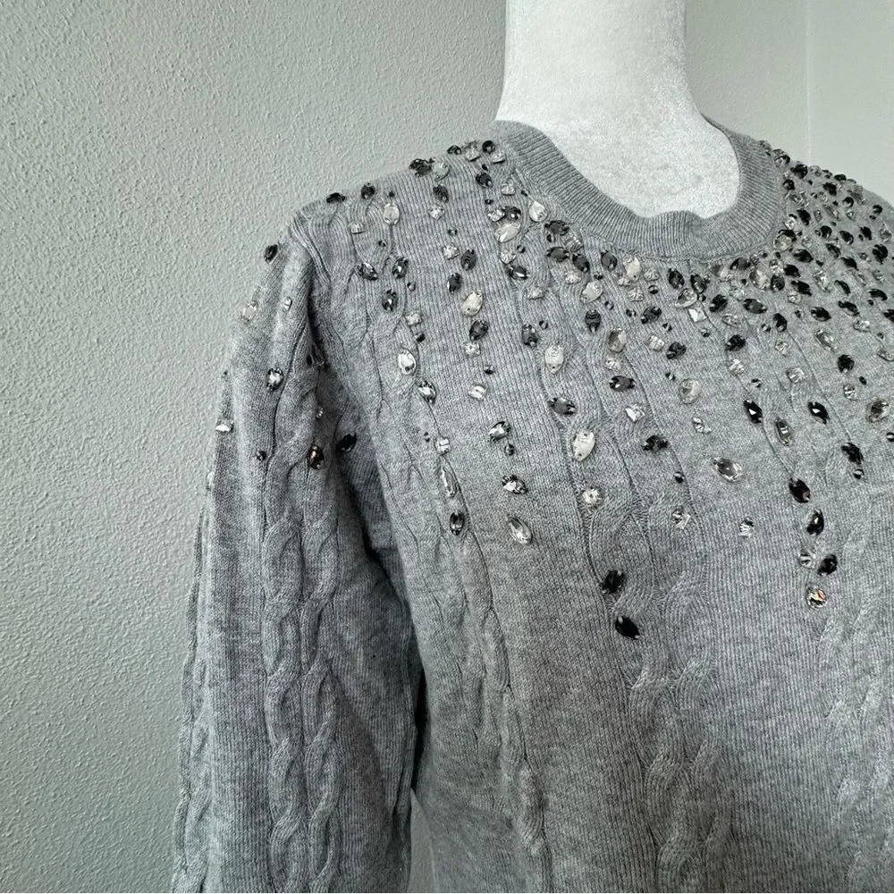 Isaac Mizrahi Live Gray Sweater Cable Knit Gemstone QVC Cardigan Size Small